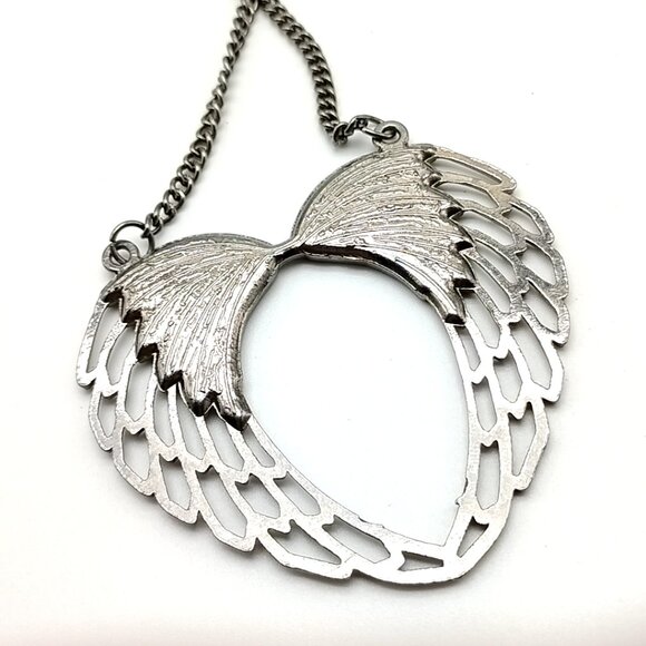 Rhinestone Angel Wing Open Heart Necklace Silver Tone Statement Pendant Chain - Picture 7 of 16